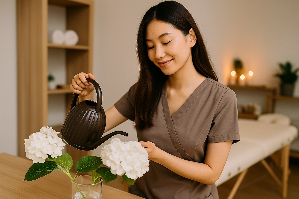 白い花を飾るオーナー