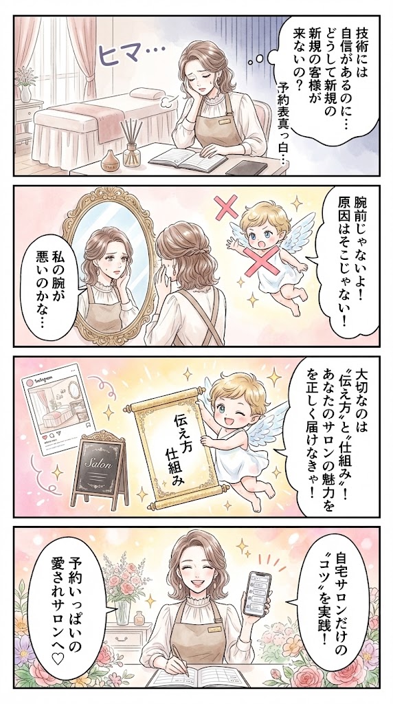 自宅（隠れ家）サロンの新規集客のコツ｜予約が入らない原因と改善方法のオリジナル4コマ