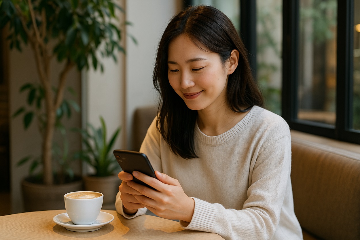 カフェでサロンの予約をする女性