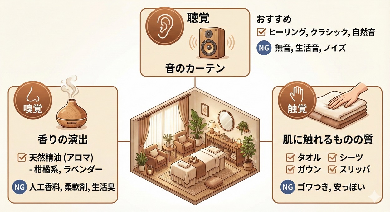 五感すべてをコーディネートする（香り・BGM・肌触り）