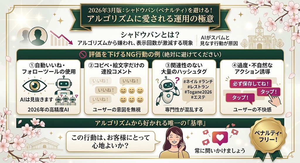 やってはいけない!評価を大きく下げるシャドウバン(ペナルティ)のNG行動図解