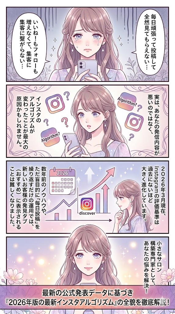 【2026年最新版】インスタのアルゴリズムはどう変わった?公式発表から紐解く対策と設定ガイドのオリジナル4コマ